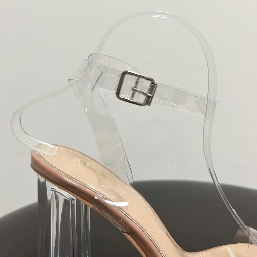 Shein Nude Beige Clear Chunky Block Heels Ankle Strap Buckle Open Toe 40 9 NIB